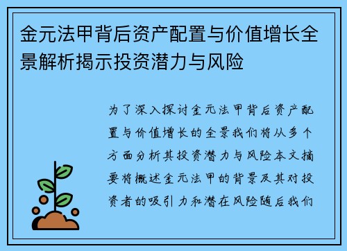 金元法甲背后资产配置与价值增长全景解析揭示投资潜力与风险