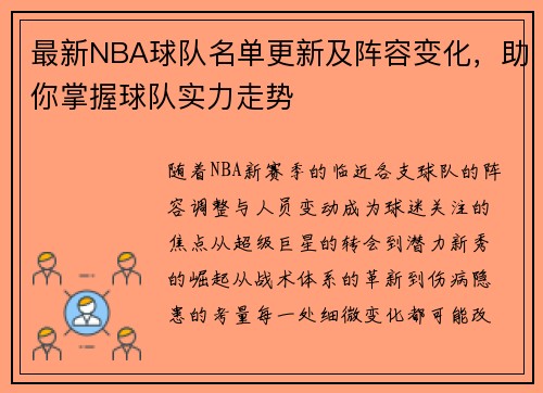 最新NBA球队名单更新及阵容变化，助你掌握球队实力走势