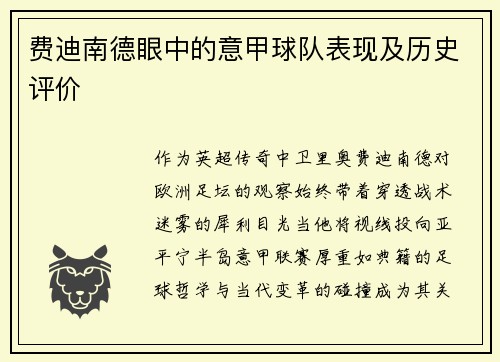 费迪南德眼中的意甲球队表现及历史评价